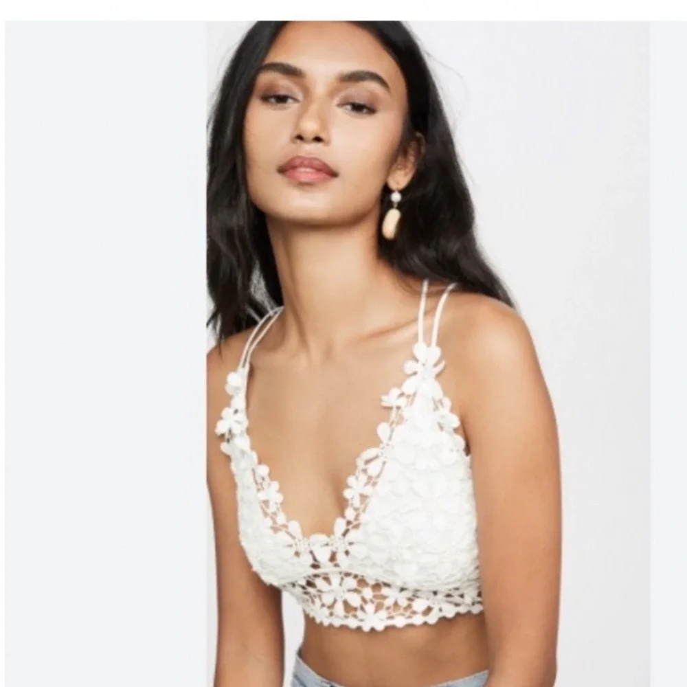 Free People Adella Bralette Ivory White Floral Crochet Lace Boho Crop Top Medium